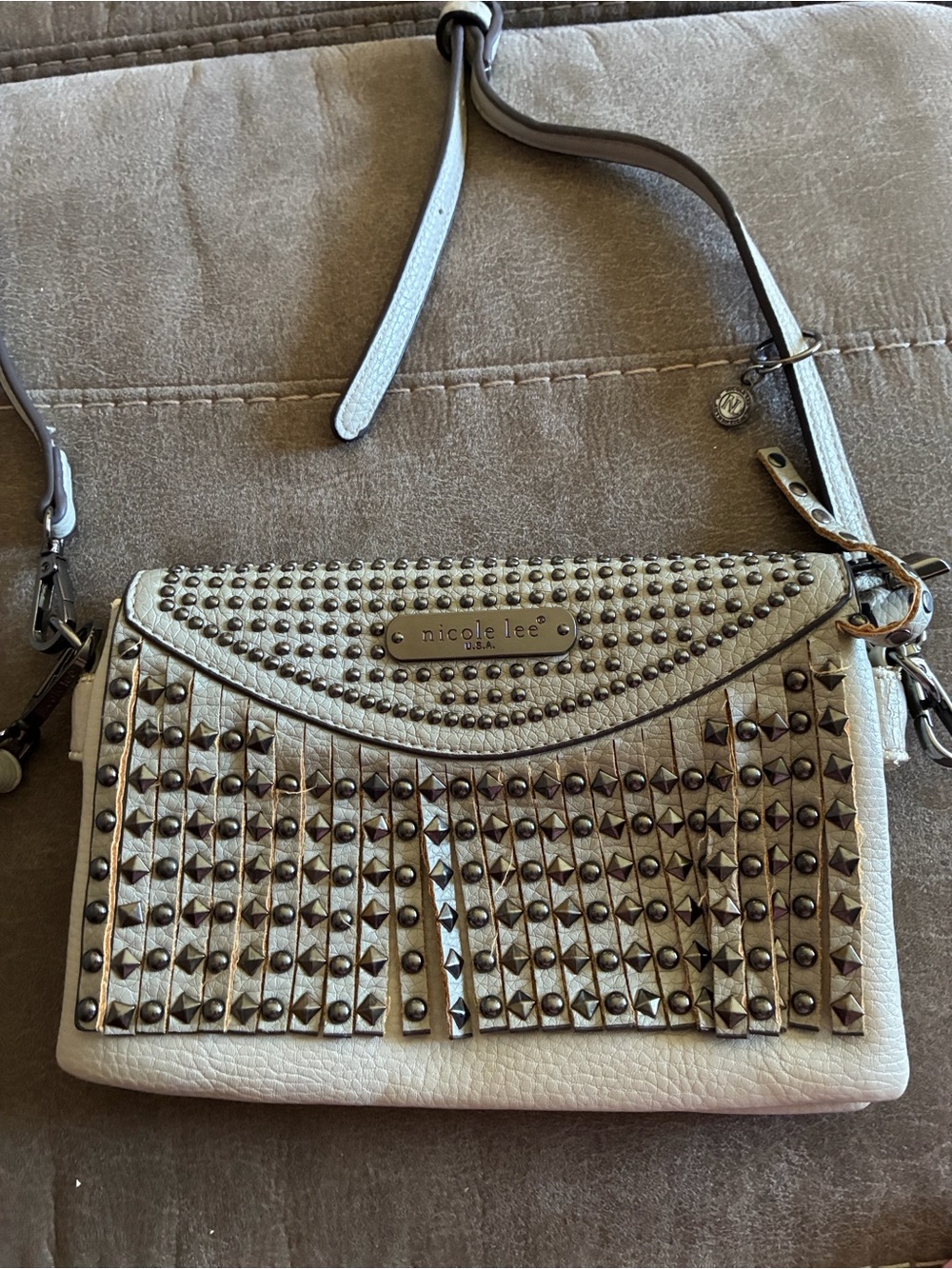Nicole Lee Light Gray Studded Fringe Crossbody Bag